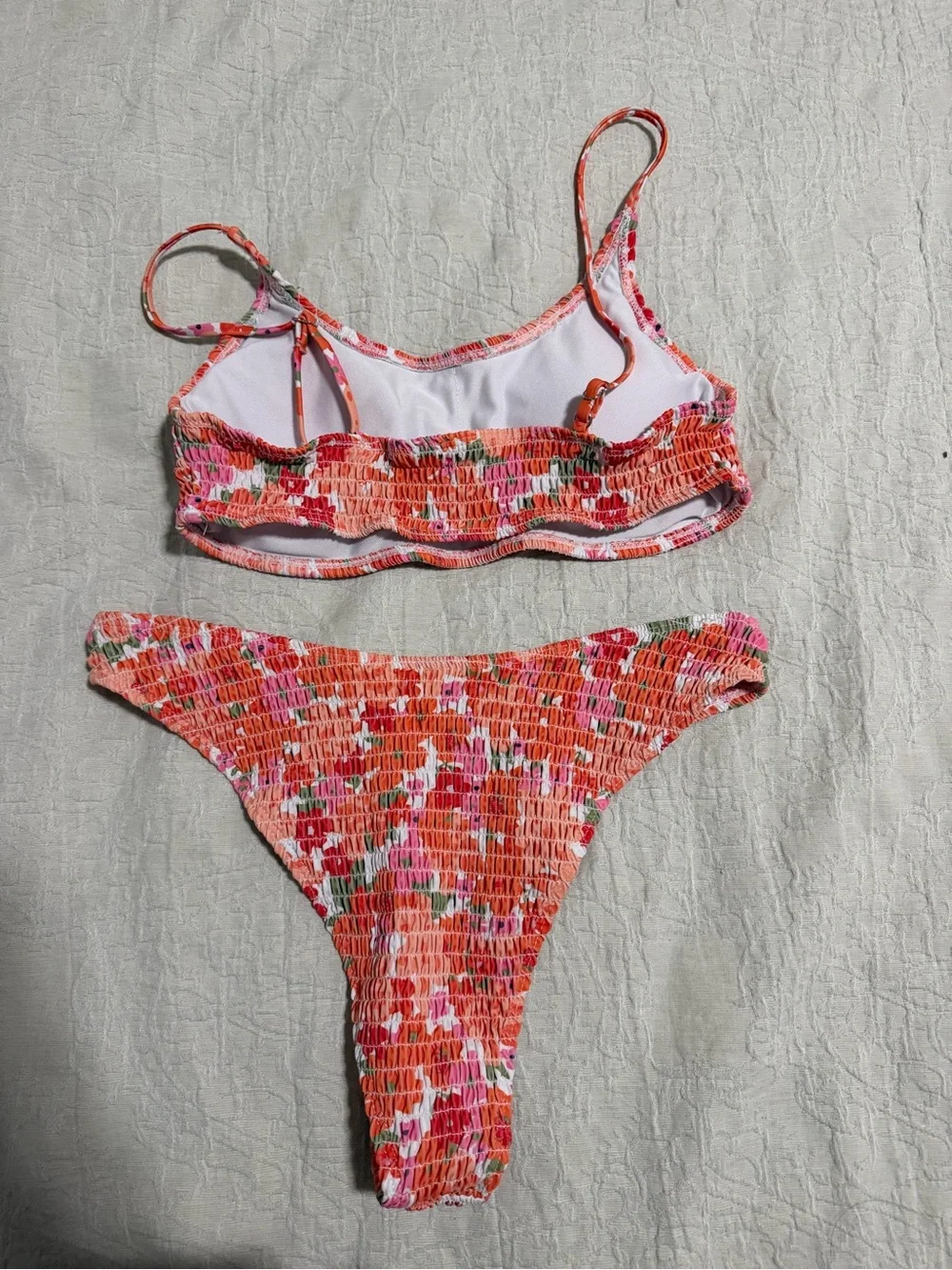 Smocked Floral Bandeau Bikini Top in Coral Pink
